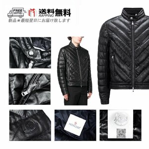 K924-2.. MONCLER モンクレール GRIAZ ダウンジャケット レザー ライダース バイカー アウター フェザー ロゴ 新品 ★ 999 ブラック