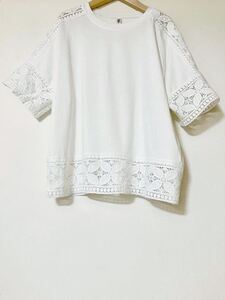 レディース トップス 刺繍レース Tシャツ カットソー 半袖シャツ ゆったりめ　F ホワイト 