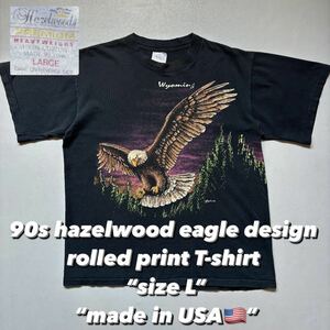 90s hazelwood eagle rolled print T-shirt size L “made in USA” 90年代 イーグル 鷹 鷲 巻きプリ Tシャツ 半袖 Tee アメリカ製 USA製