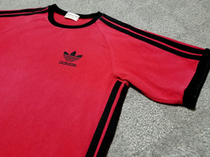 良好 80s ~ 90s 日本製 adidas アディダス トレフォイル プリント Tシャツ 赤 黒 S ~ M デサント期 ビンテージ