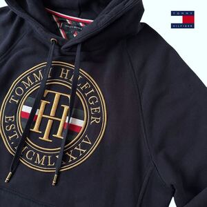 トミーヒルフィガー TOMMY HILFIGER パーカー スウェット S (日本M) ネイビー ゴールド ビッグロゴ フーディー トレーナー