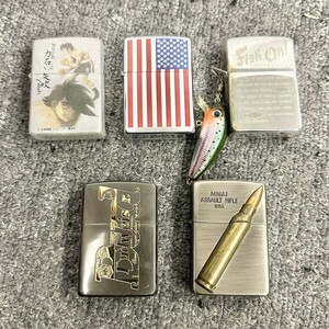 H090 まとめ ▲ Zippo ジッポー オイルライター 5点セット あしたのジョー 星条旗 魚 弾丸 他 喫煙具 2点火花あり