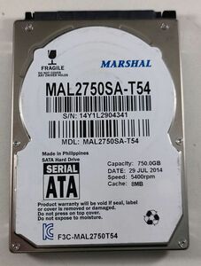 【HDD 750GB】MARSHAL 2.5インチ 9.5ｍｍ ハードディスク 使用時間1時間　[MAL2750SA] 