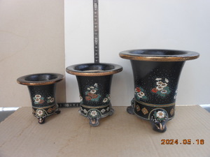 小菊模様のおもと鉢3個セット　　おもと　万年青　東洋蘭　古鉢　美術鉢