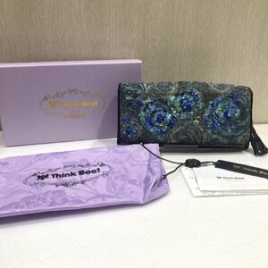 【76】 中古品 Think Bee! シンクビー 薔薇 ローズ スパンコール ビーズ ブラック 黒 ブルー 青 長財布 可愛い 付属品付き