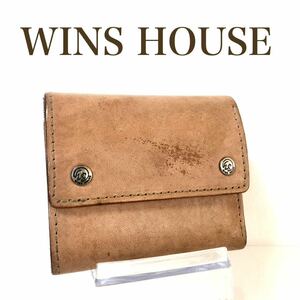 WINS HOUSE ウインズハウス　オールレザー 三つ折り財布　ロゴ金具　ベージュ　シルバー金具　日本製