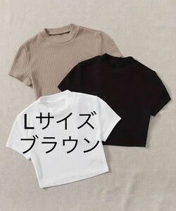 Tシャツ 半袖 ニット ブラウン トップス クロップ Lサイズ クルーネックカットソー 