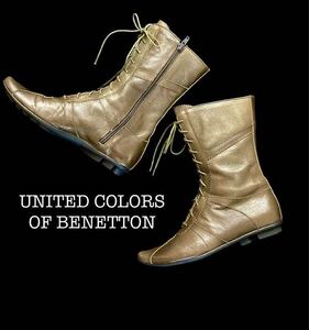 良品【UNITED COLORS OF BENETTON/ベネトン】本革レザーブーツ/フラットブーツ/編み上げショートブーツ/サイドジップ /23.5/グリーン