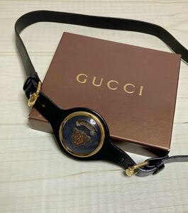 希少　GUCCI クレスト　紋章　ホースビット　金色×黒色　レザー　ベルト