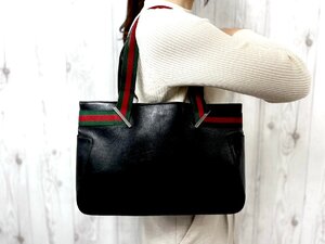 美品 GUCCI グッチ シェリーライン トートバッグ ハンドバッグ バッグ レザー×キャンバス 黒 79027