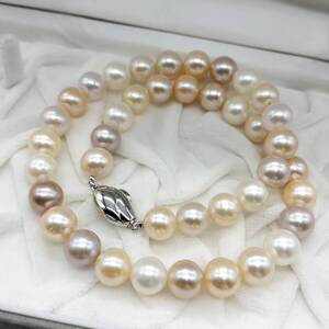 【テリ抜群!!】本真珠 マルチカラー パール ネックレス 10mm〜10.5mm 45cm SILVER 刻印 62.8g pearl jewelry necklace 干渉色 大珠