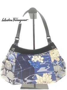 1円　美品　超高級　Salvatore Ferragamo サルヴァトーレフェラガモ　ブランド　ブルー　ハンドバッグ　バッグ　花柄　ガンチーニ　YP306