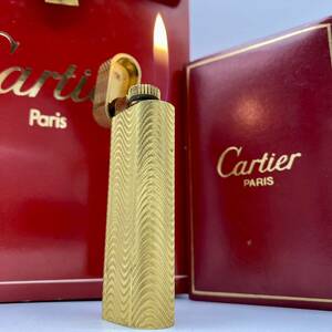 1円 極美品【着火確認 動作良好】Cartier カルティエ ガスライター メンズ ゴールド 箱 ガス タンク フリンジ タバコ 喫煙具 ローラー式