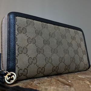 1円　美品　GUCCI グッチ シマ長財布 レザー キャンバス　ウォレット ラウンドファスナー 財布 マーモント ブラック　グレー