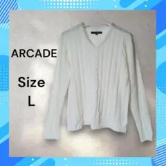 ARCADE　ニットセーター　サイズL　Vネック　白　送料無料　古着