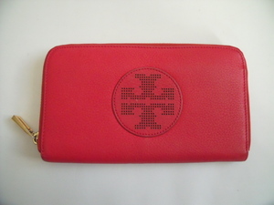 $ 美品 $ レア！◆ TORY BURCH ◆ トリーバーチ ◆ ラウンドファスナー 長財布◆ パンチング ロゴ入り レザー製◆ 赤 レッド系 ◆ 送料無料