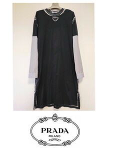 ☆【即決送料無料】PRADAプラダトライアングルロゴ切替ストライプ長袖ワンピースS☆