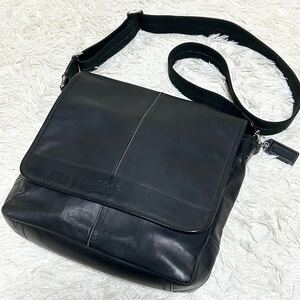 1円●極美品●COACH●コーチ●メッセンジャーバッグ ショルダーバッグ ステッチ レザー 皮 カバン 鞄 バック ブラック 黒 メンズ