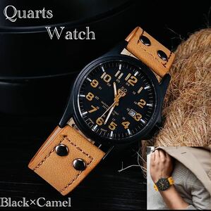 腕時計　時計　日付　ツートン アナログ メンズ クォーツ 高品質 レザー ベルト　革　カレンダー　オシャレ ウォッチ ブラックイエロー