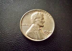 準未使用　　アメリカ合衆国　1セントコイン　1964年　D刻印　　送料無料です。（8052）リンカーン　USA貨幣　お金 貨幣　硬貨　ペニー　　