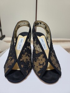 新品 JIMMY CHOO ジミーチュウ SHAR85 レース オープントウパンプス ハイヒール9.5cm 黒 レース×スエード サンダル 37サイズ 