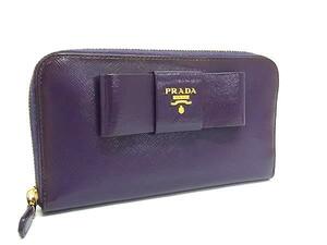 1円 PRADA プラダ パテントレザー リボン ラウンドファスナー 長財布 ウォレット 札入れ 小銭入れ レディース パープル系 FL1200