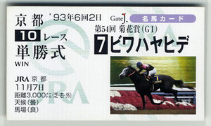 ★非売品 ビワハヤヒデ 第54回菊花賞 単勝馬券型 カード ＪＲＡ Gate J.名馬カード 岡部幸雄 写真 画像 競馬カード 即決