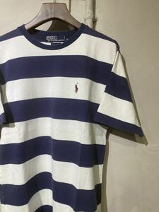 【即決】polo ralph lauren ポロラルフローレン 太ボーダー Tシャツ カットソー 半袖 白 紺 ホワイト ネイビー 胸ポニー 古着 M