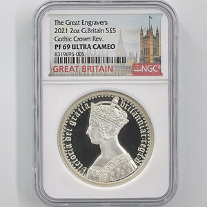 2021 英国 エリザベス2世 ゴシッククラウン ポートレイト 5ポンド 銀貨 2オンス プルーフ NGC PF 69 UC 準最高鑑定 完全未使用品 