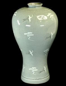 朝鮮古美術　韓国　高麗青磁　 銀波　雲飛鶴紋象嵌花瓶　 直径18cm 高さ31.5cm　極上状態品 TKM