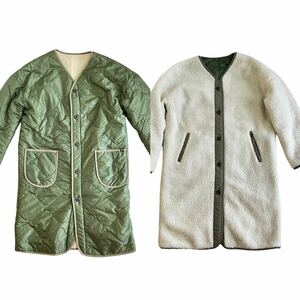 ALPHA INDUSTRIES アルファインダストリーズ リバーシブル ボア ノーカラー ロングコート キルティング ホワイト×オリーブ Mサイズ 