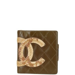 シャネル カンボンライン ココマーク パイソン型押し 二つ折り財布 カーキ ベージュ ラムスキン レディース CHANEL 【中古】