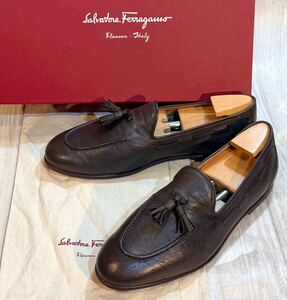 Salvatore Ferragamo フェラガモ◆26cm 8 EEE◆タッセルローファー モカシン 革靴 シボ革 ビジネスシューズ ドレスシューズ ITALY製 焦茶