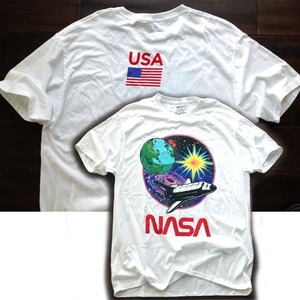 【既決USA】アメリカ航空宇宙局 ★ NASA@完売胸元&背中【NASA/星条旗】ロゴ入半袖Tシャツ【Space Shuttle LogoGraphic T-Shirt】白 @XL