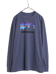 18年製 パタゴニア プリント 長袖 Tシャツ メンズ L / 古着 Patagonia ロンT ロゴT グラフィック ステッカー ロゴ ロングスリーブ ネイビー