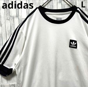 adidas アディダス リンガーネック Ｔシャツ サイズL ホワイト×ブラック シンプルロゴ トレフォイル 半袖 3ライン 3ストライプ 送料無料