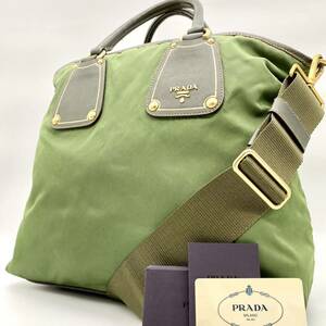 極美品【プラダ PRADA】2way ショルダーバッグ トートバック BN1260 肩掛け サフィアーノレザー テスートナイロン グリーン系 ゴールド