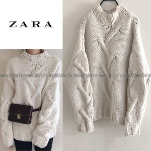 【ZARA　ザラ】ケーブルニットハイネックセーター　オフホワイト　白　S　ハイネックニット　ボトルネック　ビルドネック　レディース