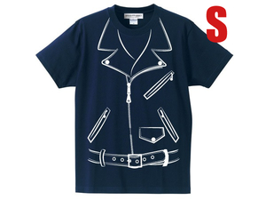 だまし絵 Wライダース T-shirt NAVY S/ネイビー紺騙し絵トロンプルイユダブルライダースジャケットw riders jacketsjkt本革ジャン皮古着usa