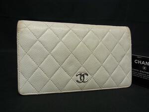 1円 CHANEL シャネル ココマーク マトラッセ キャビアスキン 二つ折り 長財布 ウォレット 小銭入れ 札入れ アイボリー系 FF8903