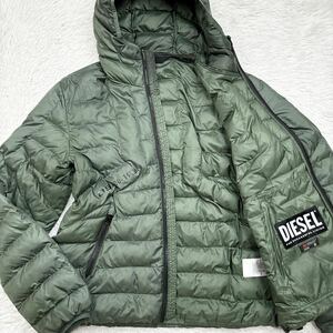 【美品Lサイズ!!!】DIESEL ダウンジャケット 現行タグ 撥水加工 軽量 高機能 ロゴプリント フード カーキ グリーン フルジップ