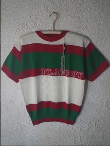 ｎ3403　レア　PLAY　BOY　プレイボーイ　ビンテージ★Vintage　半袖　切り替え　ロゴ　刺繍　コットン　サマー　ニット　シャツ　tシャツ