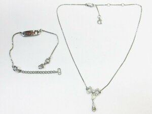 中古 美品【Christian Dior クリスチャン・ディオール】リボンモチーフ&ラインストーンネックレス Diorロゴプレートブレス