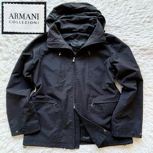 Lサイズ ARMANI COLLEZIONI ナイロンジャケット 収納フード ロゴダブルジップ ベンチレーション ブラック アルマーニコレツィオーニ メンズ