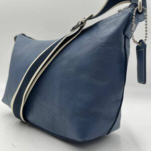 1円●極美品●COACH コーチ ショルダーバッグ 斜め掛け レザー 本革 メンズ ビジネス ネイビー ヘリテージ ロゴ型押し 男女兼用