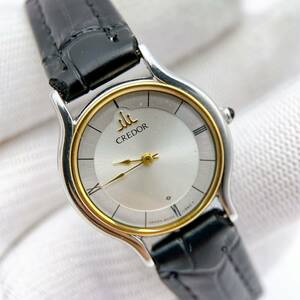 【稼働品】セイコー SEIKO クレドール CREDOR 18kベゼル YG 腕時計 クオーツ QZ シルバー ラウンド 動作 8420-0150