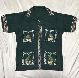 80sグアテマラ半袖シャツ　guatemala shirtヴィンテージ刺繍シャツ　グリーン　バンドステッチ アロハシャツ キューバシャツリネンシャツ