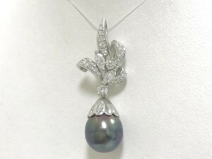 【中古美品】 QUEEN JEWELRY クイーンジュエリー 大粒 ブラックパール 黒真珠 Pt950 ダイヤモンド ラグジュアリー ペンダント　トップ