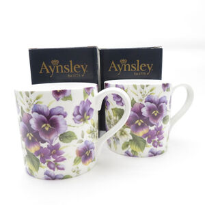 未使用 Aynsley エインズレイ ステッチコール ワイルドパンジー マグカップ 2点 ペア 花柄 紫 パープル ティー コーヒー SU8752B1