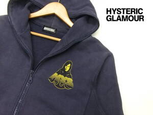 ■HYSTERIC GLAMOUR■スウェットジップパーカー 紺 フリーサイズ 袖ロゴプリント ガールプリント ネイビー ヒステリックグラマー